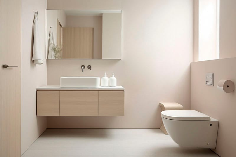 Baño minimalista con mueble suspendido de madera clara, lavabo sobre encimera e inodoro suspendido
