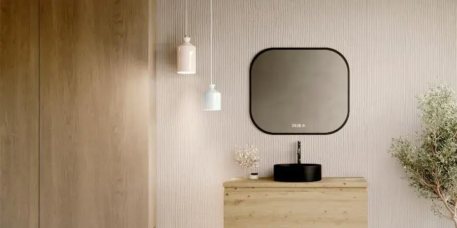 Mueble de baño suspendido de madera maciza con lavabo sobre encimera y espejo redondeado