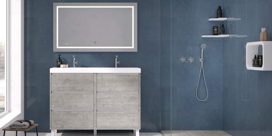 Mueble de baño con patas de seis cajones en acabado efecto cemento con espejo LED