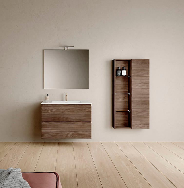 Mueble de baño suspendido de nogal con dos cajones, espejo y columna auxiliar a juego