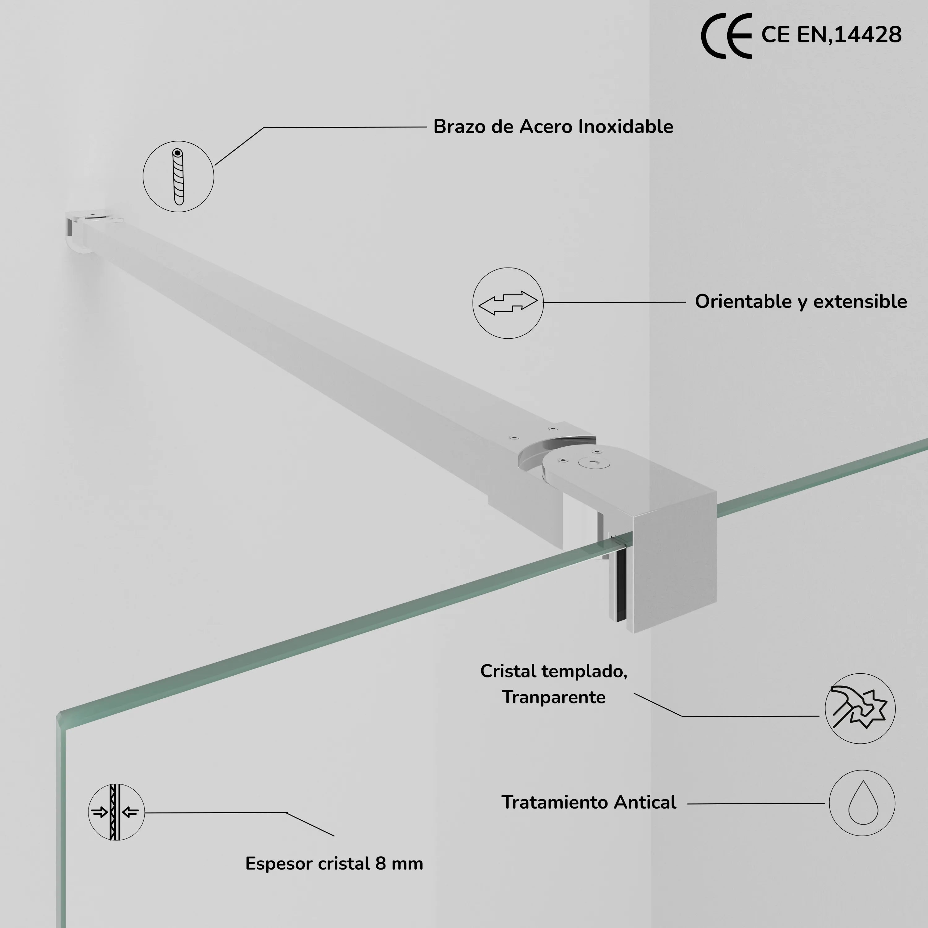 Sevilla - Mampara de ducha fija con cristal templado de 8 mm
