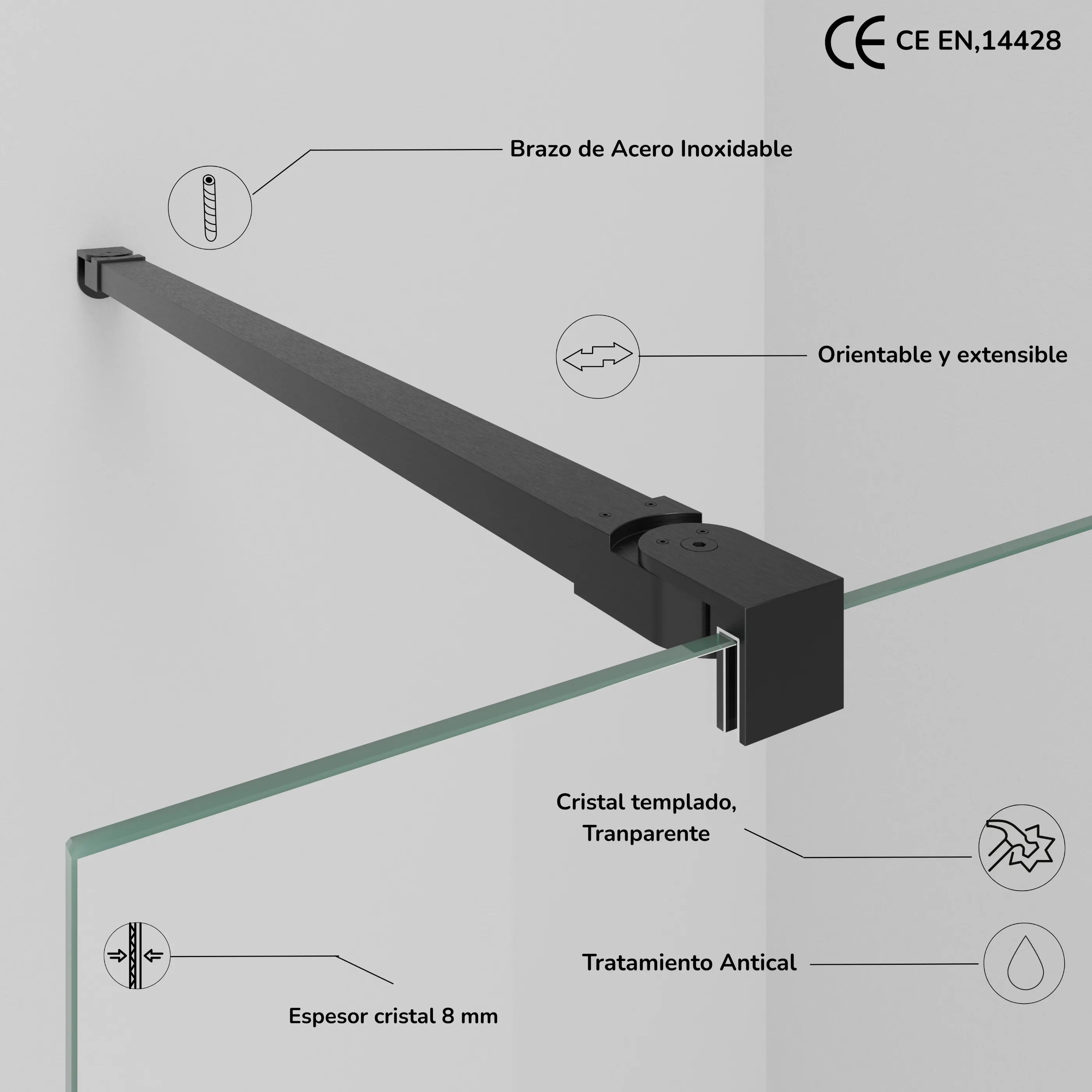 Sevilla - Mampara de ducha fija con cristal templado de 8 mm