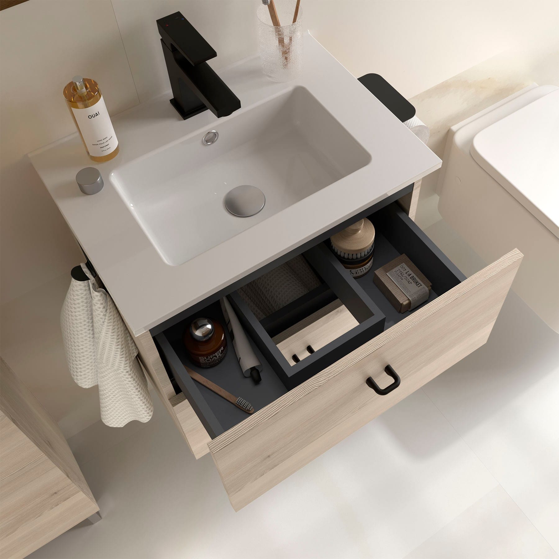 Mueble de baño suspendido Jaramá natural detalle cajón interior