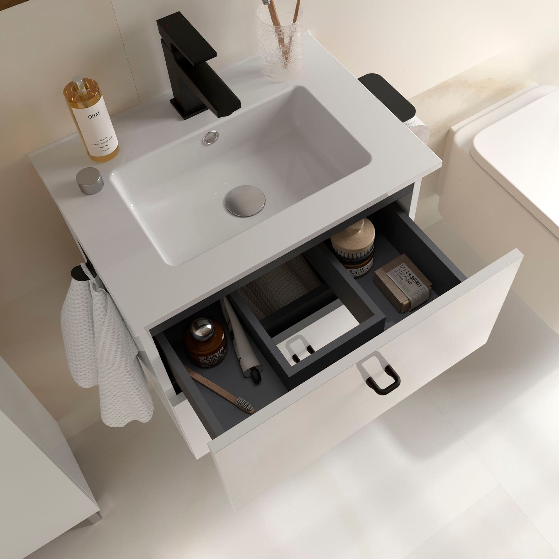Mueble de baño suspendido Jaramá detalle cajón suave cierre