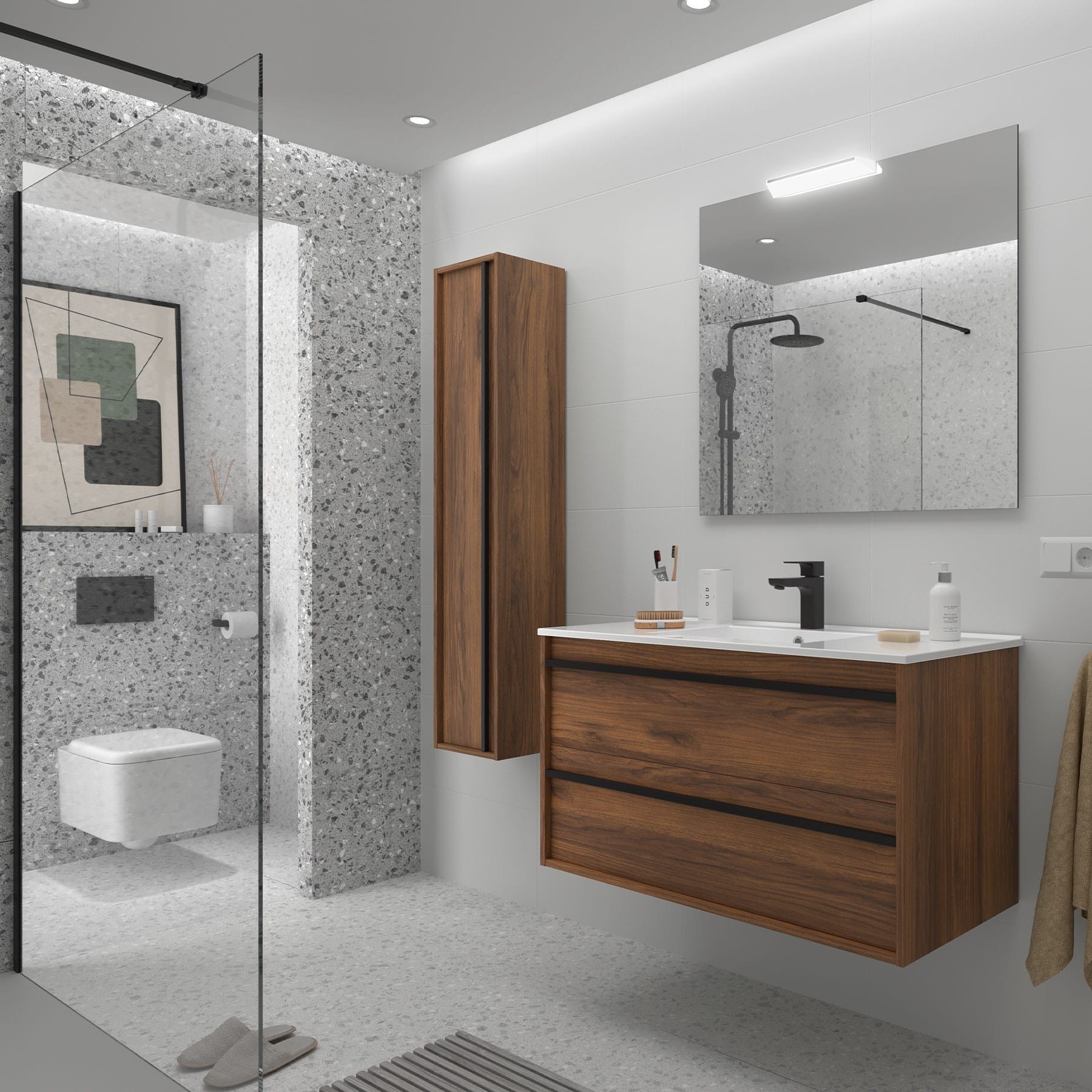 Mueble de baño suspendido Sella 2C acabado nogal maya vista lateral