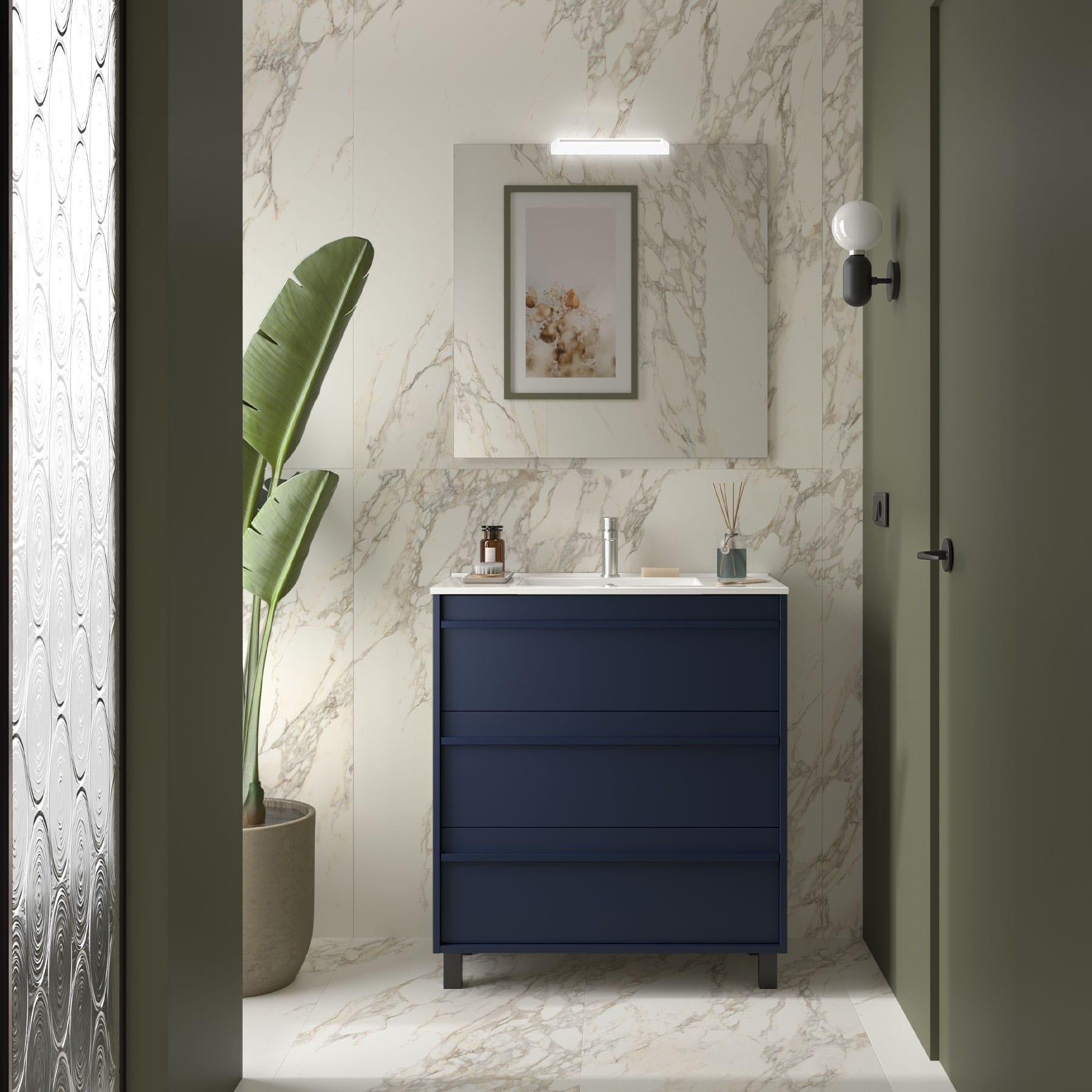 Mueble de baño Sella 3C con patas acabado azul satinado