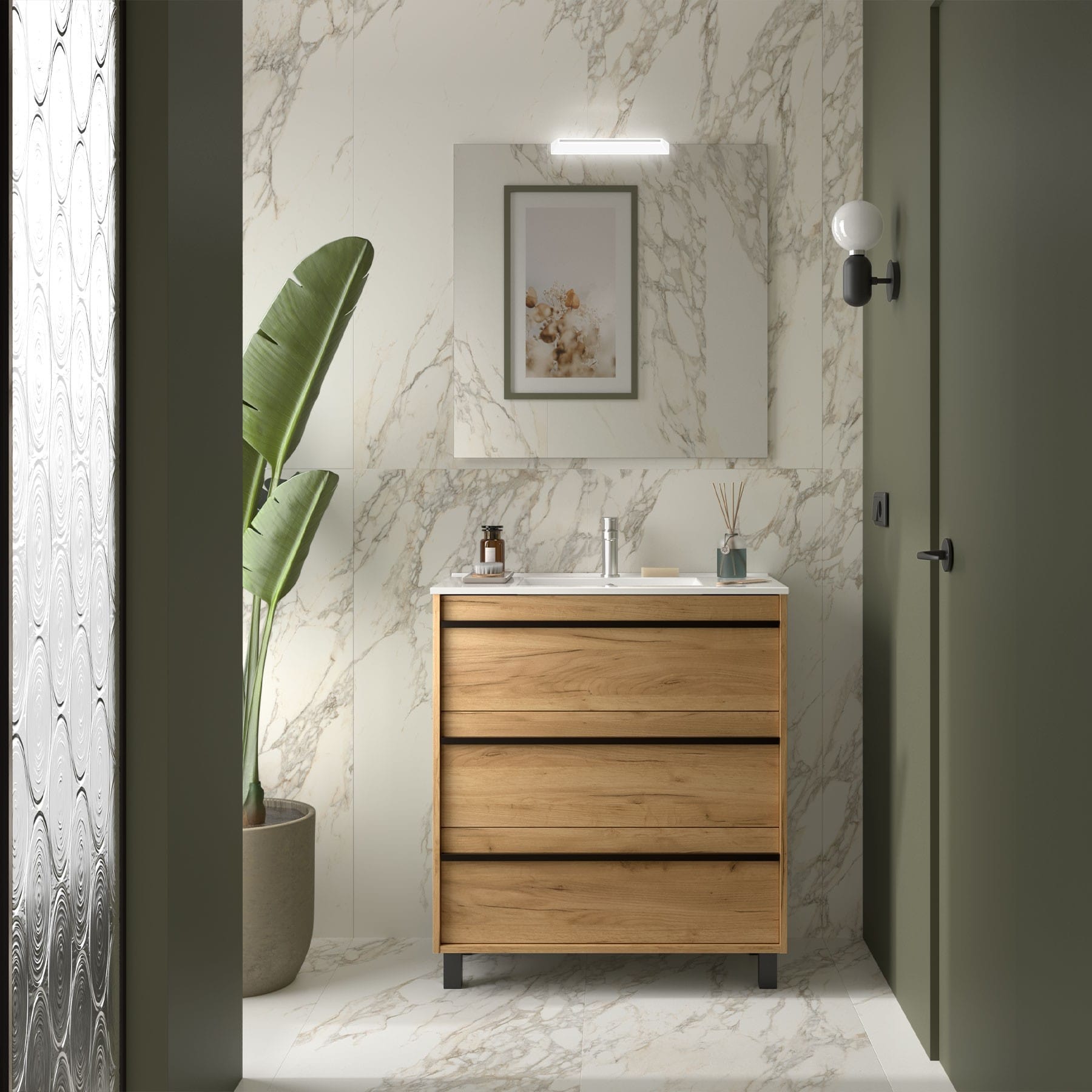 Mueble de baño Sella 3C con patas acabado roble africa