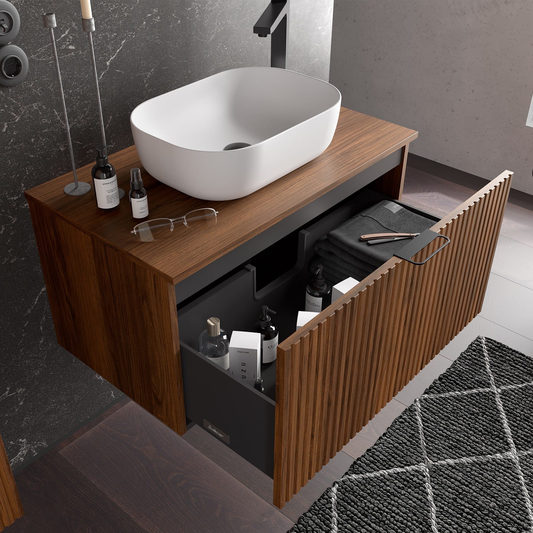 Mueble de baño suspendido Albaida 1C detalle cajón soft close
