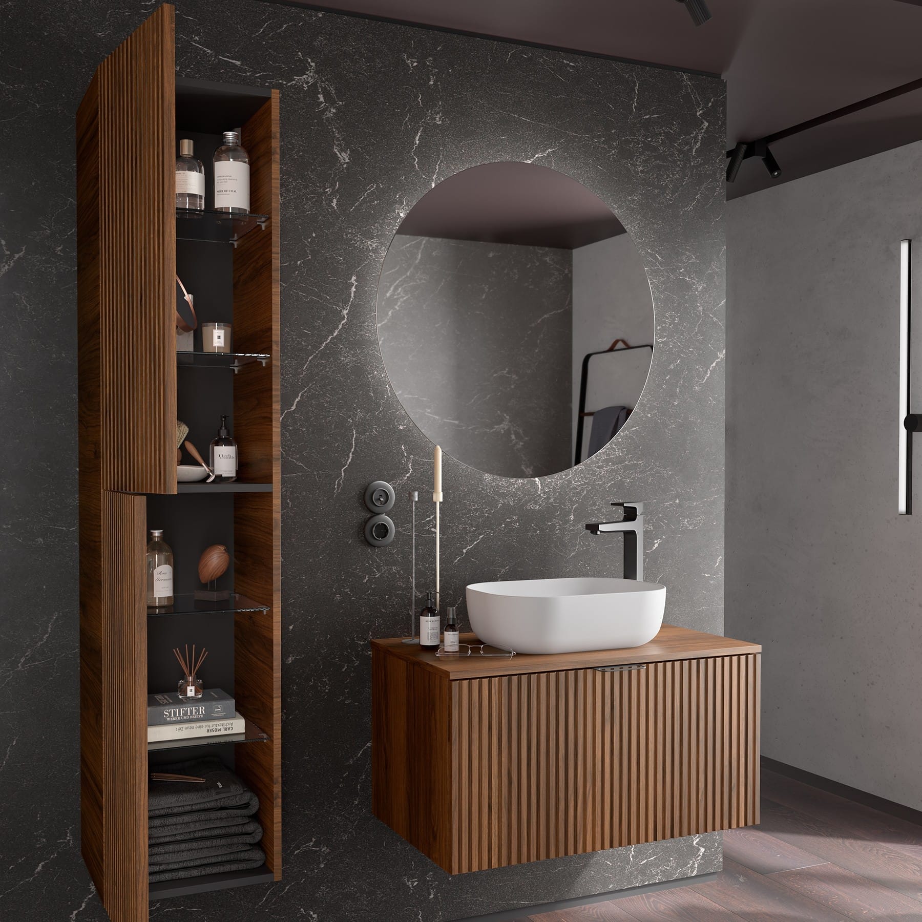 Mueble de baño suspendido Albaida 1C encimera laminada detalle columna | Nebadoon