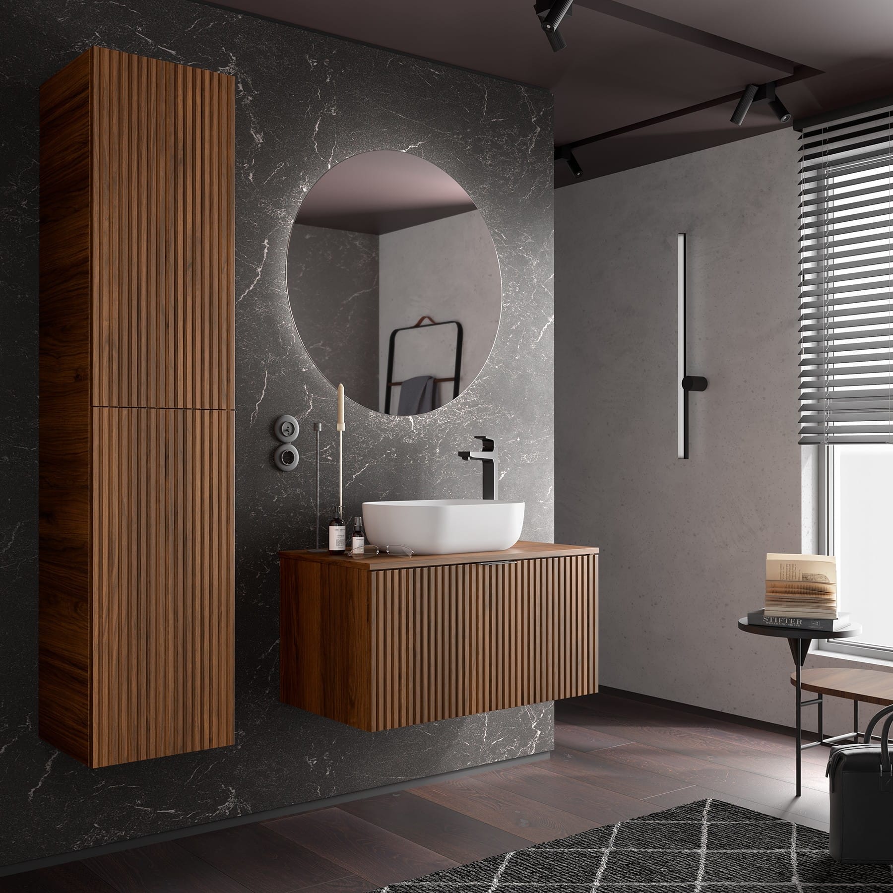 Mueble de baño suspendido Albaida 1C acabado nogal ambiente baño