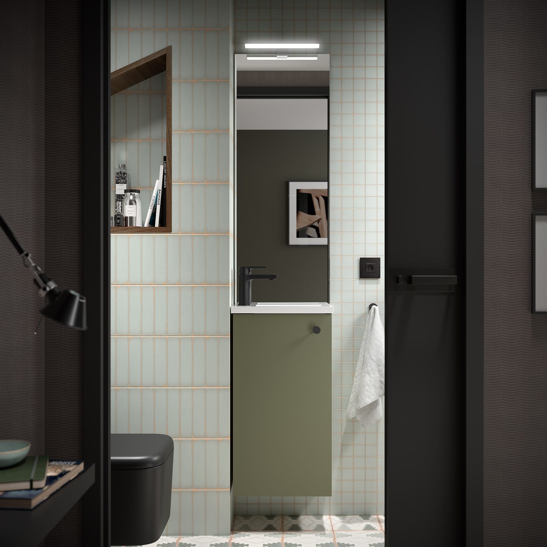 Mueble de baño suspendido Valira acabado verde satinado ambiente