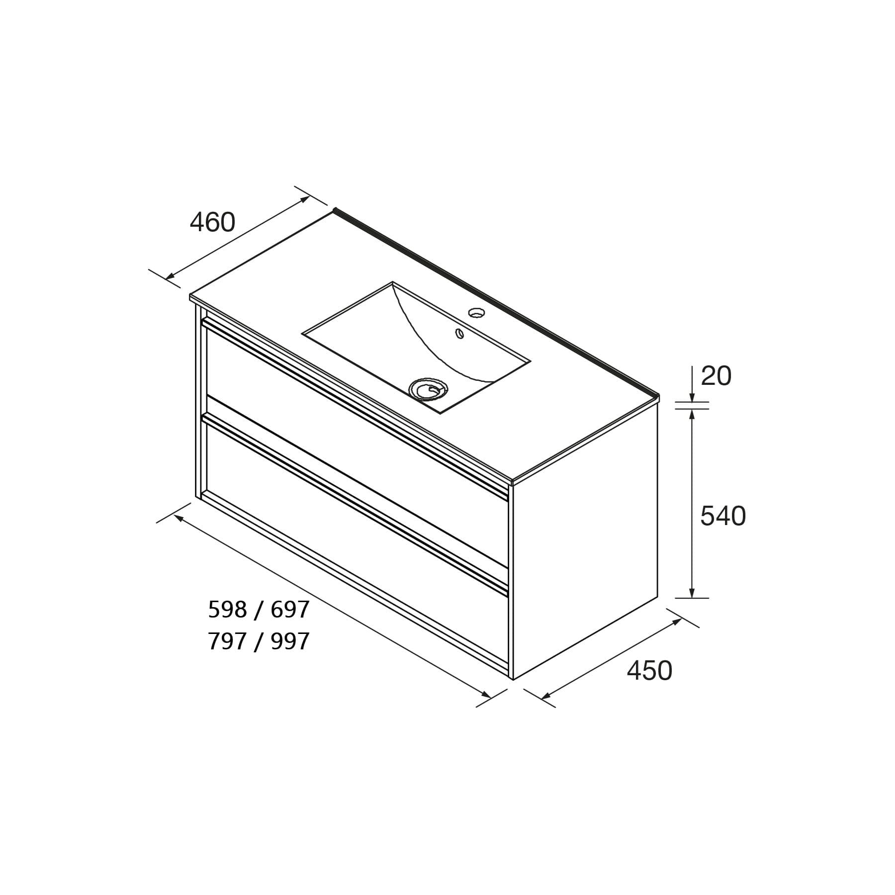 Mueble de baño suspendido Sella 2C ficha técnica 2 cajones