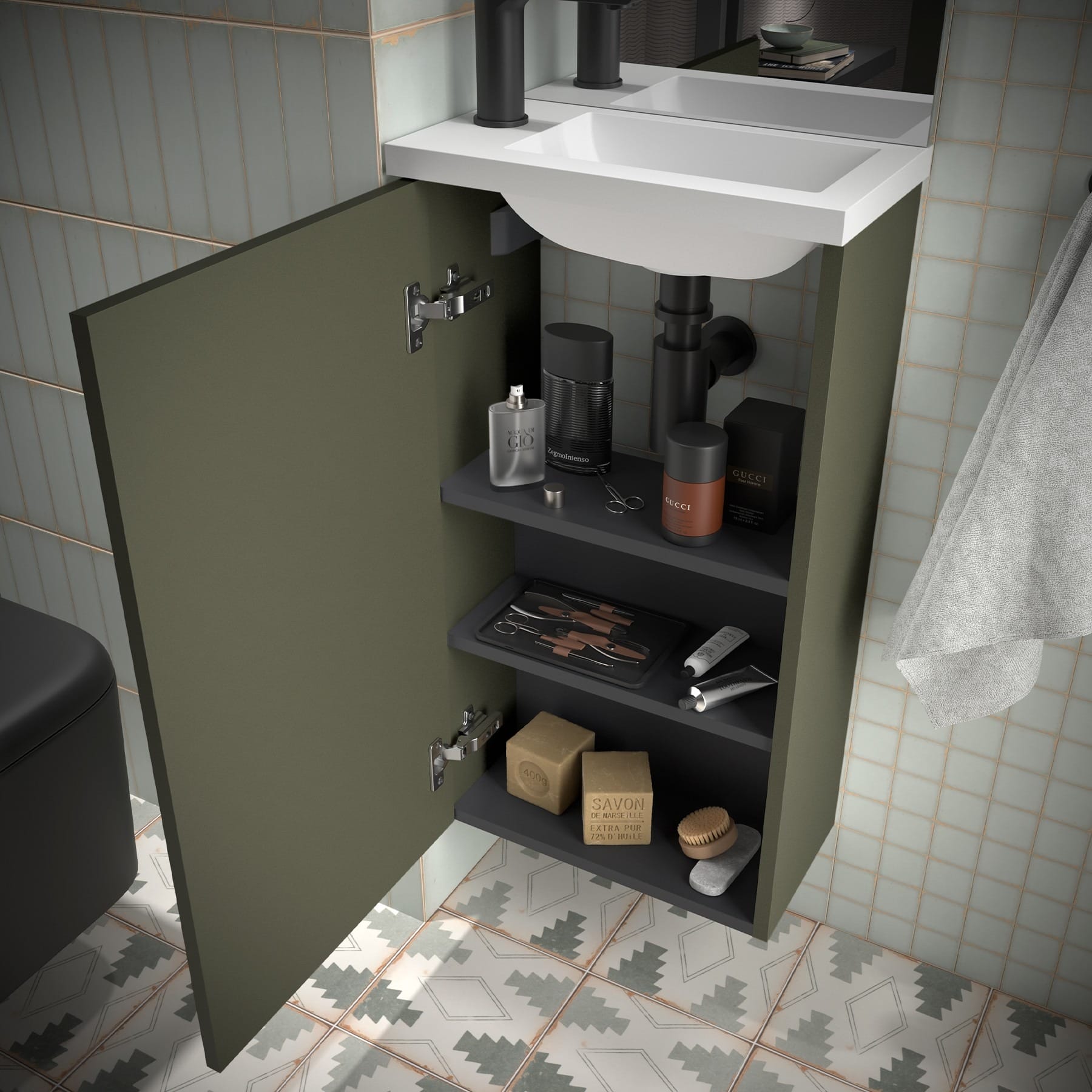 Mueble de baño suspendido Valira detalle verde satinado bisagra