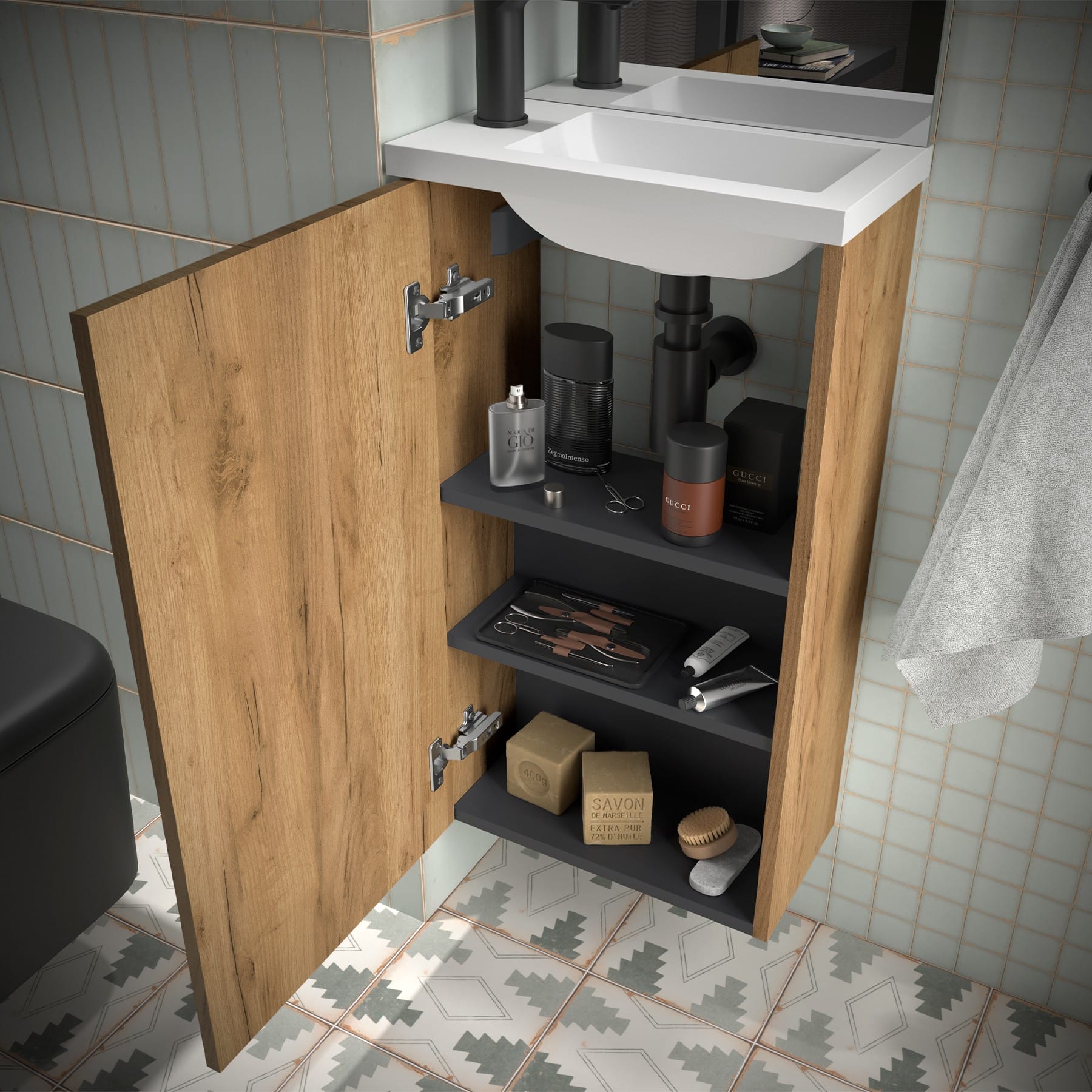 Mueble de baño suspendido Valira detalle roble africa bisagra