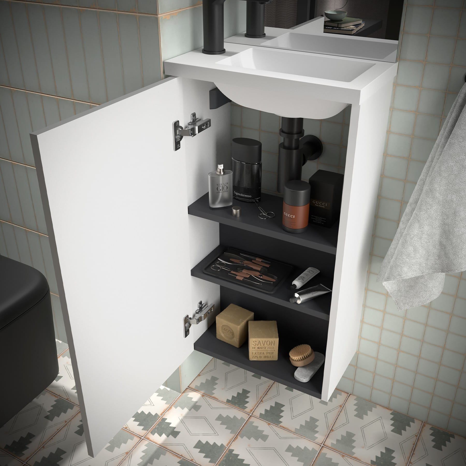 Mueble de baño suspendido Valira detalle blanco suave cierre