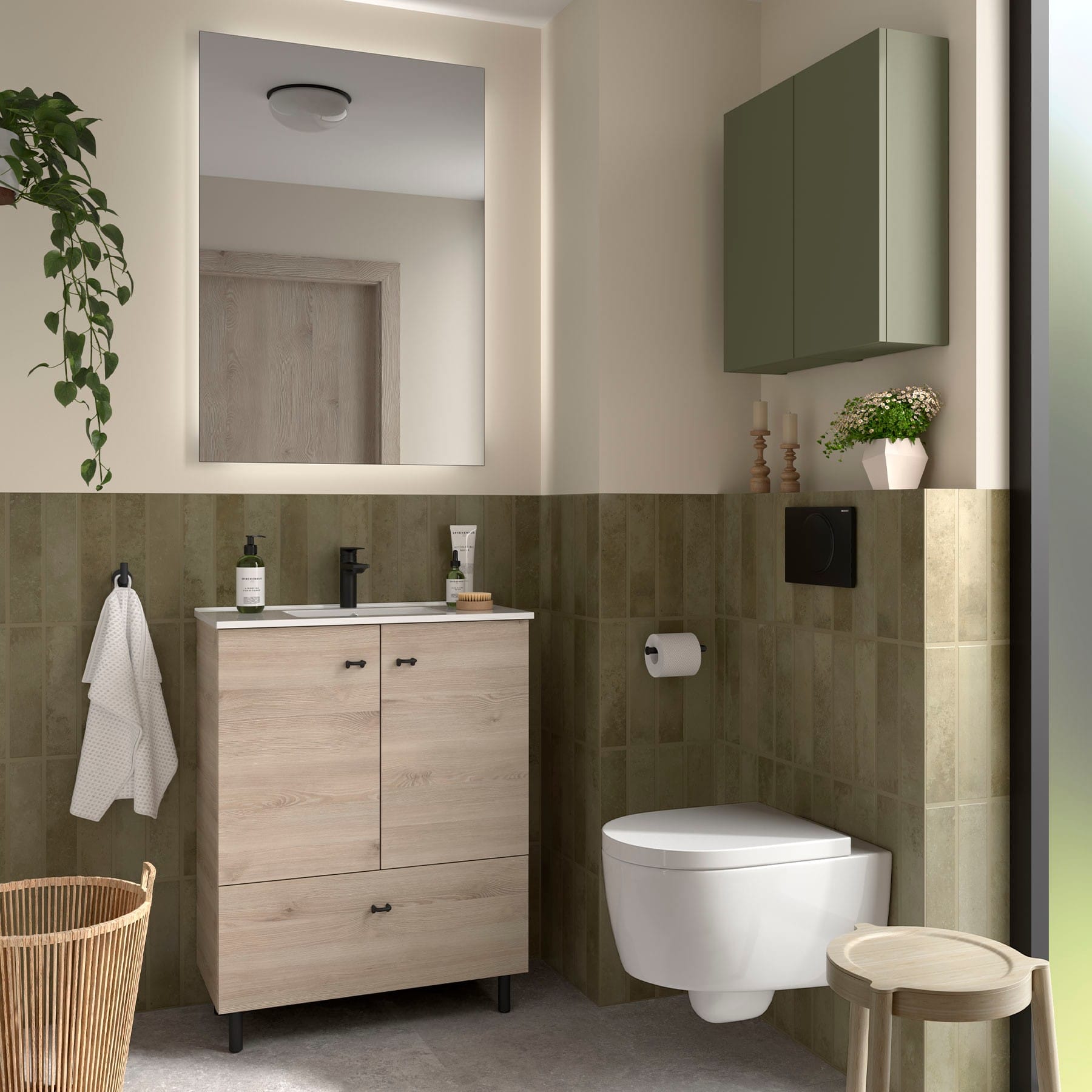 Mueble de baño con patas Jaramá natural 70 cm instalado baño