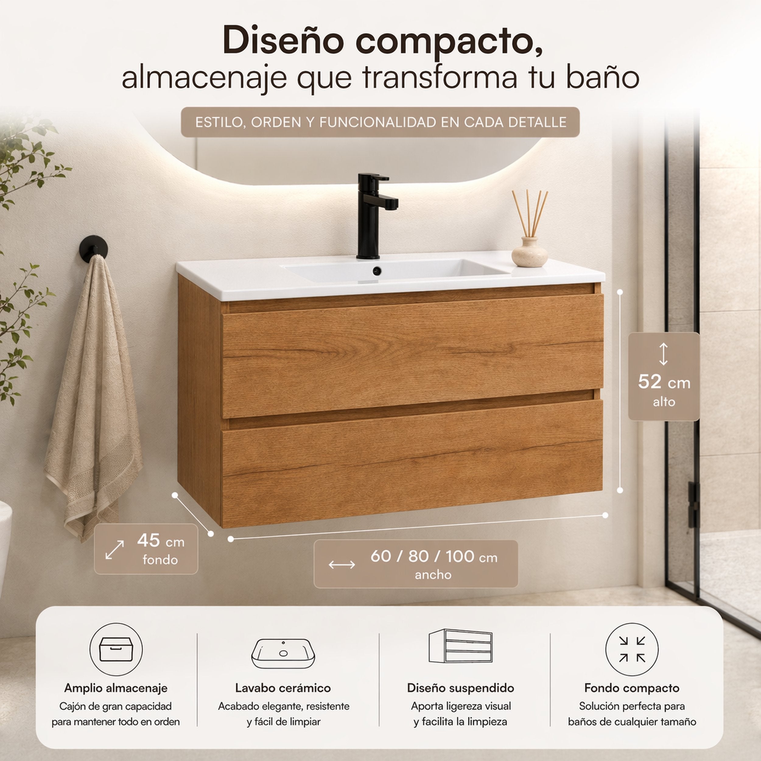 Almagro - Mueble de baño suspendido Roble con lavabo integrado