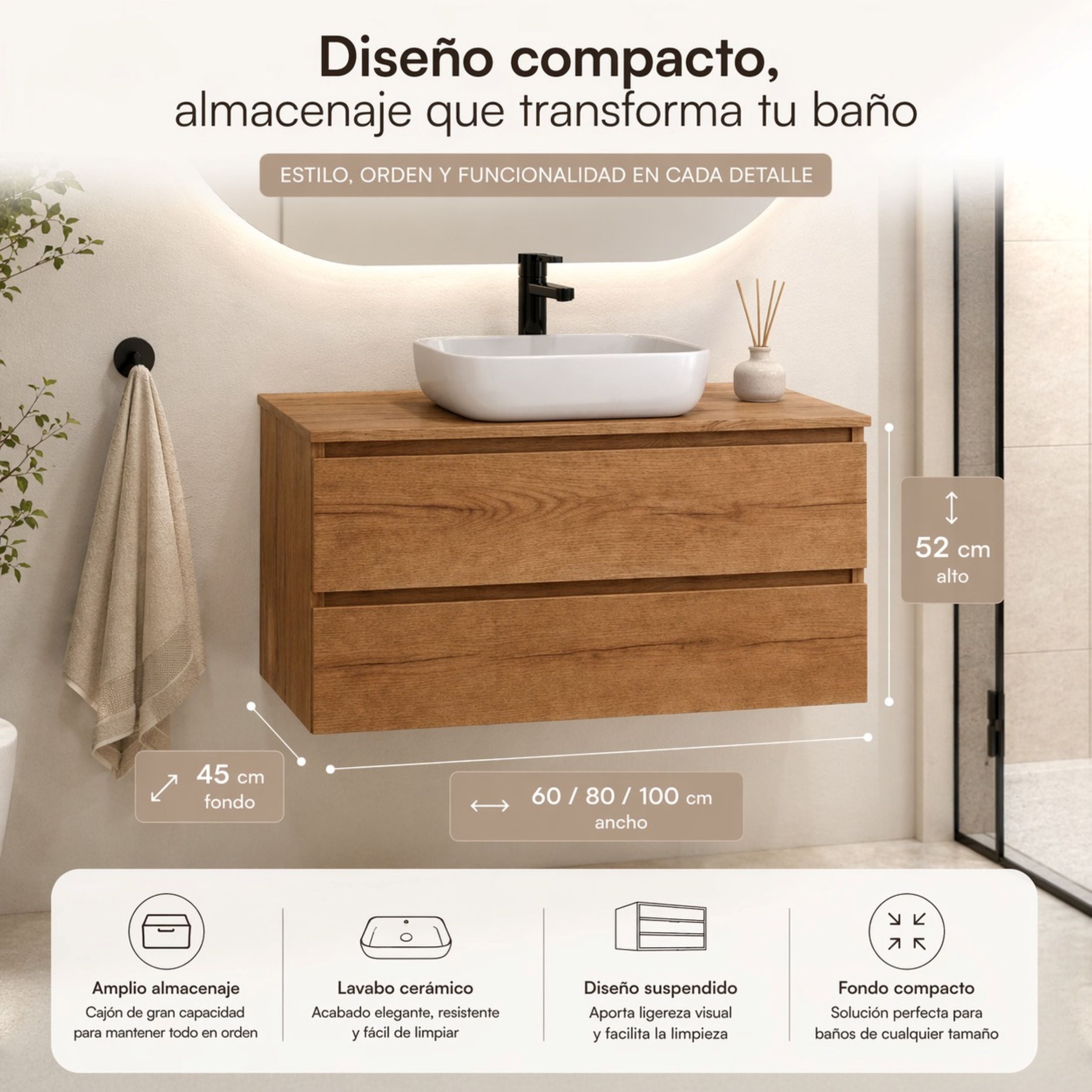 Almagro - Mueble de baño suspendido con lavabo sobre encimera