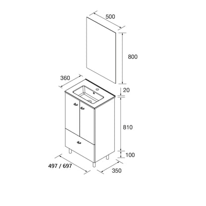 Mueble de baño Jaramá con patas ficha técnica medidas disponibles