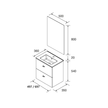 Mueble de baño suspendido Jaramá ficha técnica medidas disponibles