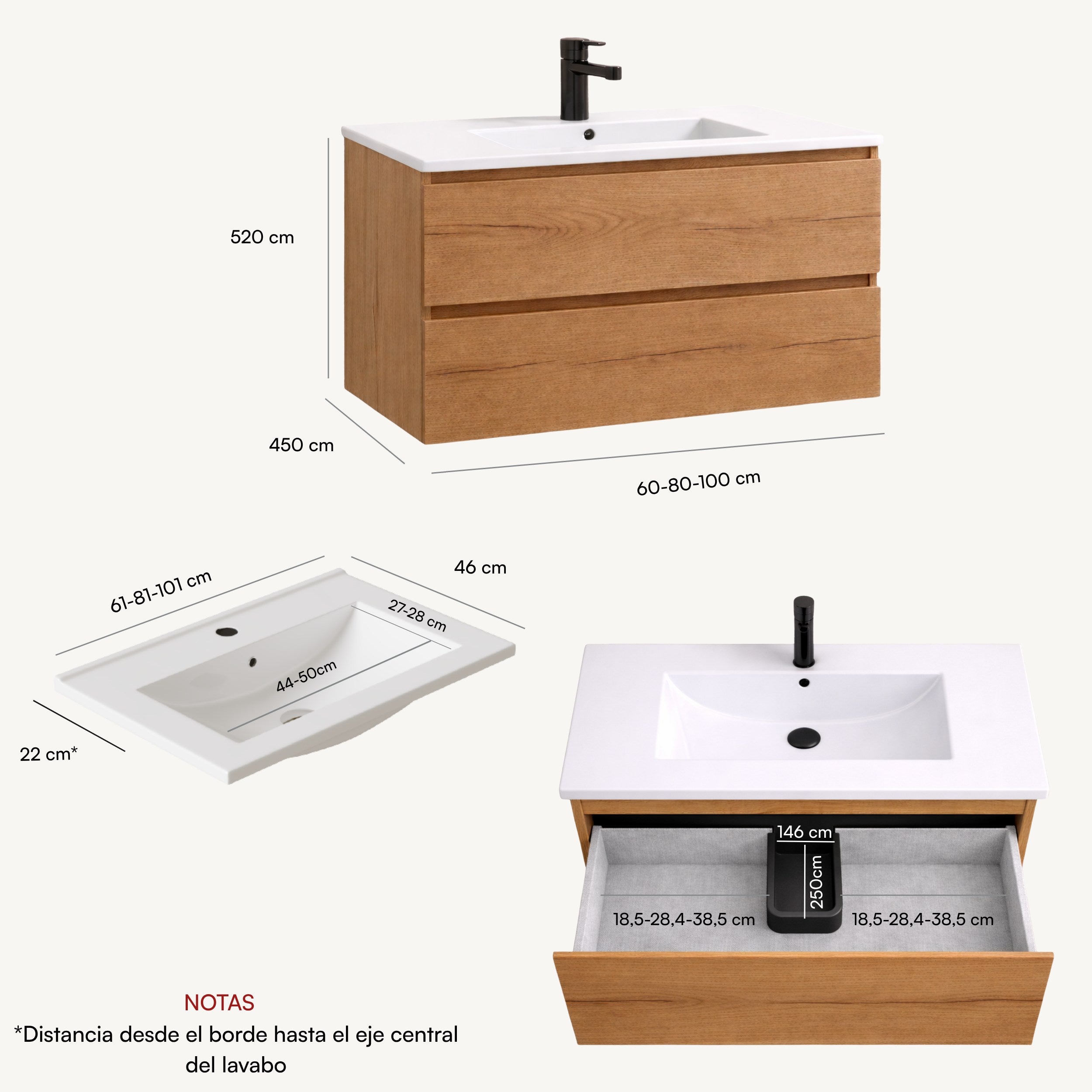 Almagro - Mueble de baño suspendido con lavabo integrado