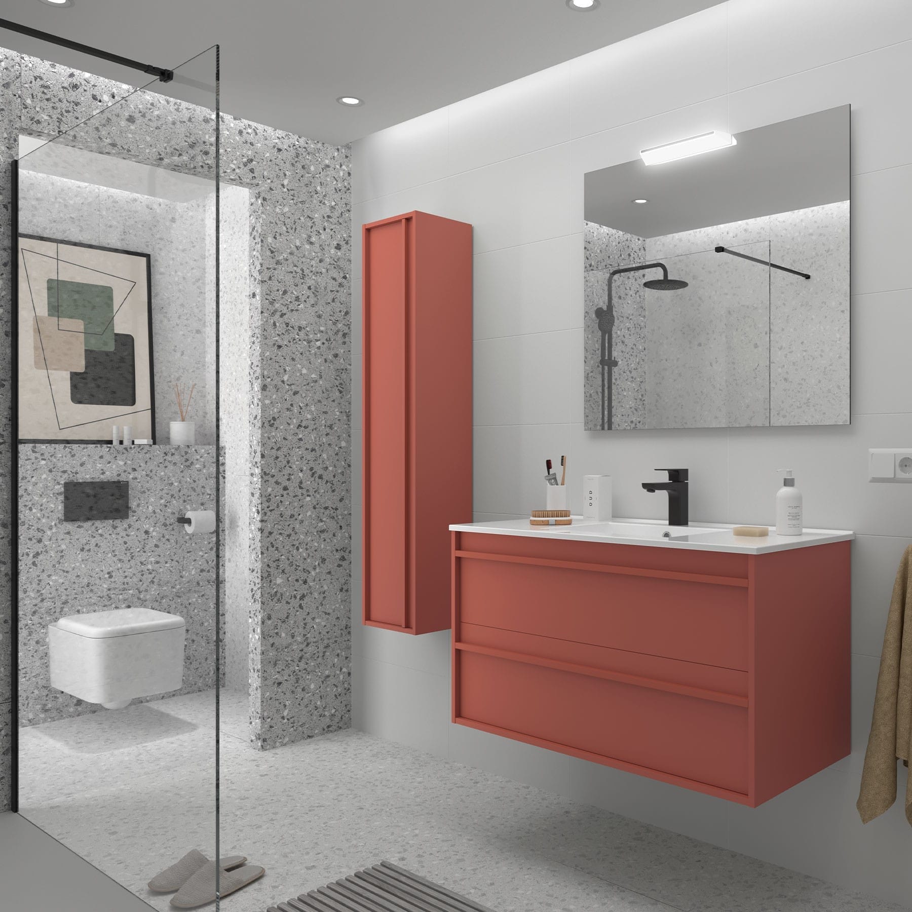 Mueble de baño suspendido Sella 2C acabado rojo satinado