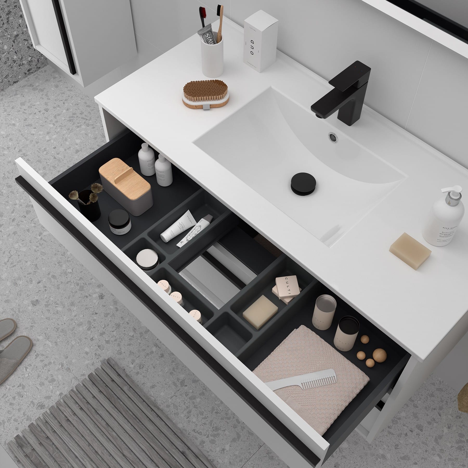 Mueble de baño suspendido Sella 2C detalle cajón blanco cotton
