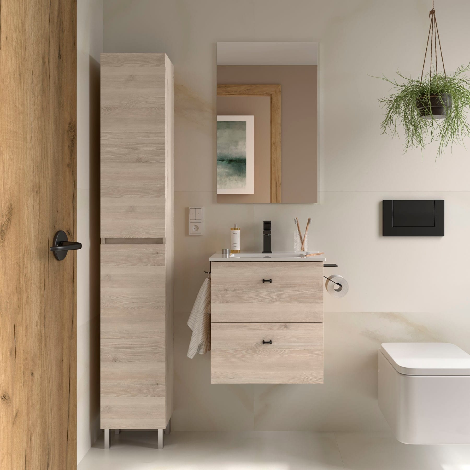 Mueble de baño suspendido Jaramá natural 50 cm instalado baño