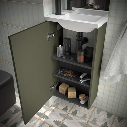 Mueble de baño suspendido Valira detalle verde satinado bisagra