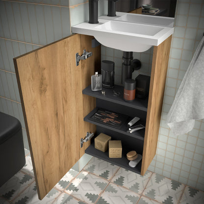 Mueble de baño suspendido Valira detalle roble africa bisagra