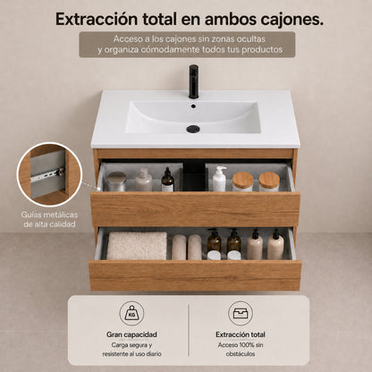 Almagro - Mueble de baño suspendido Roble con lavabo integrado