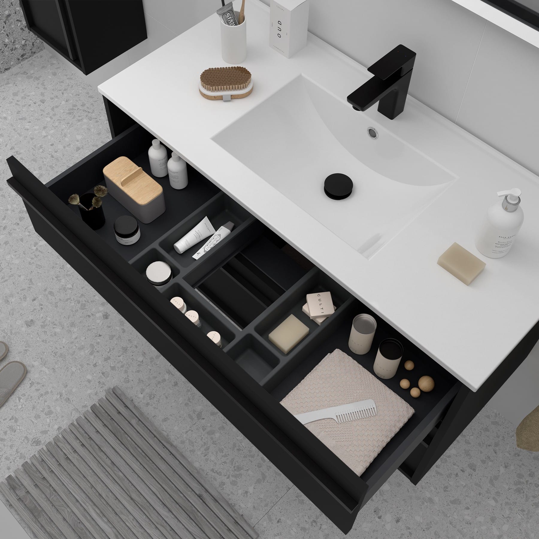 Mueble de baño suspendido Sella 2C detalle cajón negro terciopelo