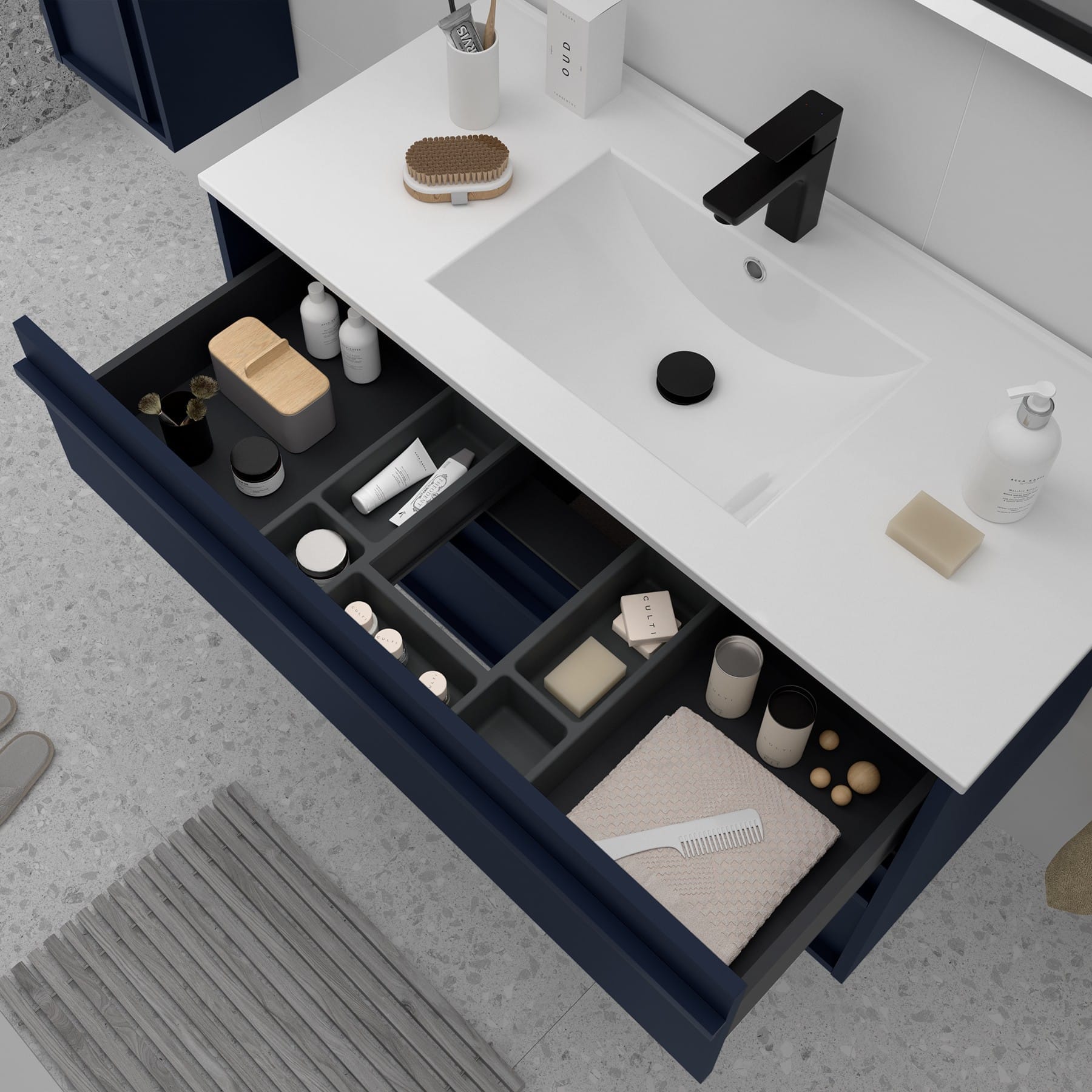 Mueble de baño suspendido Sella 4C detalle cajón azul satinado