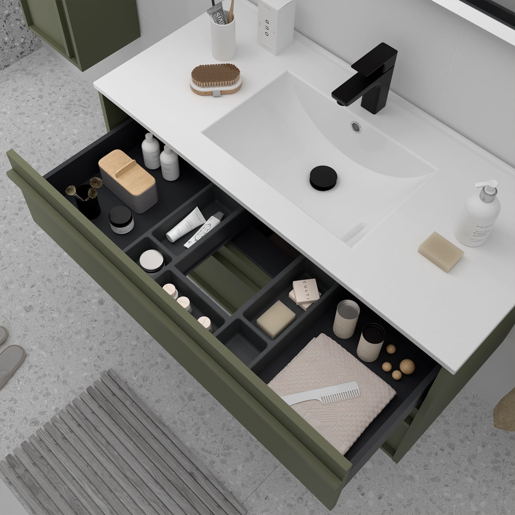 Mueble de baño suspendido Sella 2C detalle cajón verde satinado