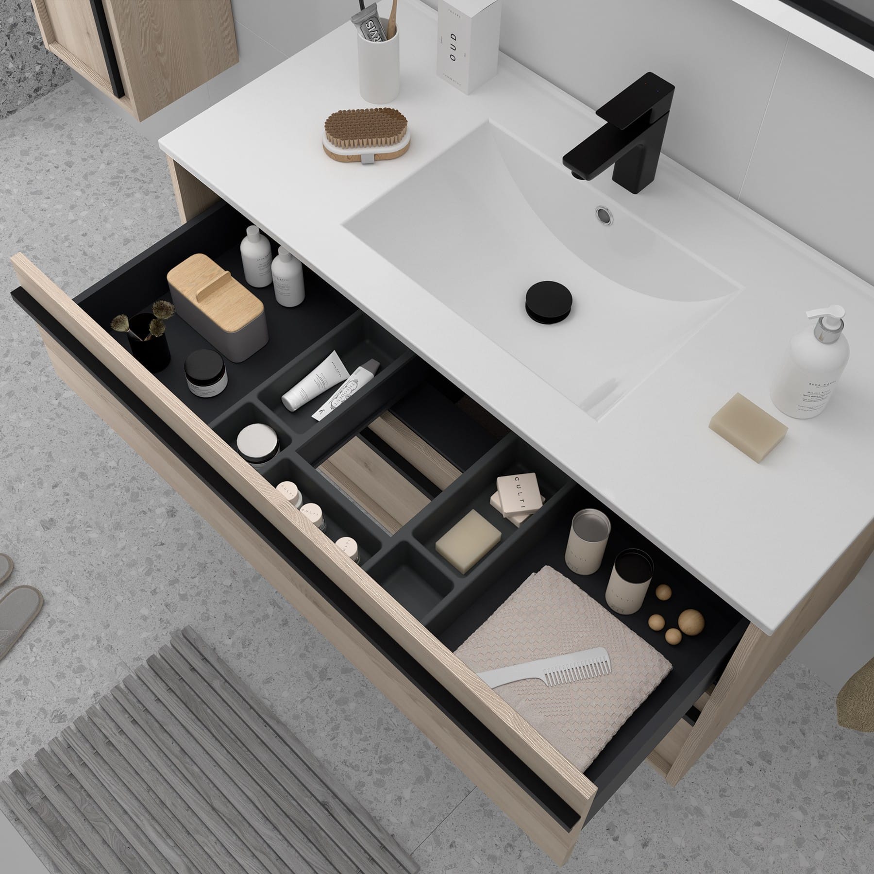 Mueble de baño suspendido Sella 2C detalle cajón natural