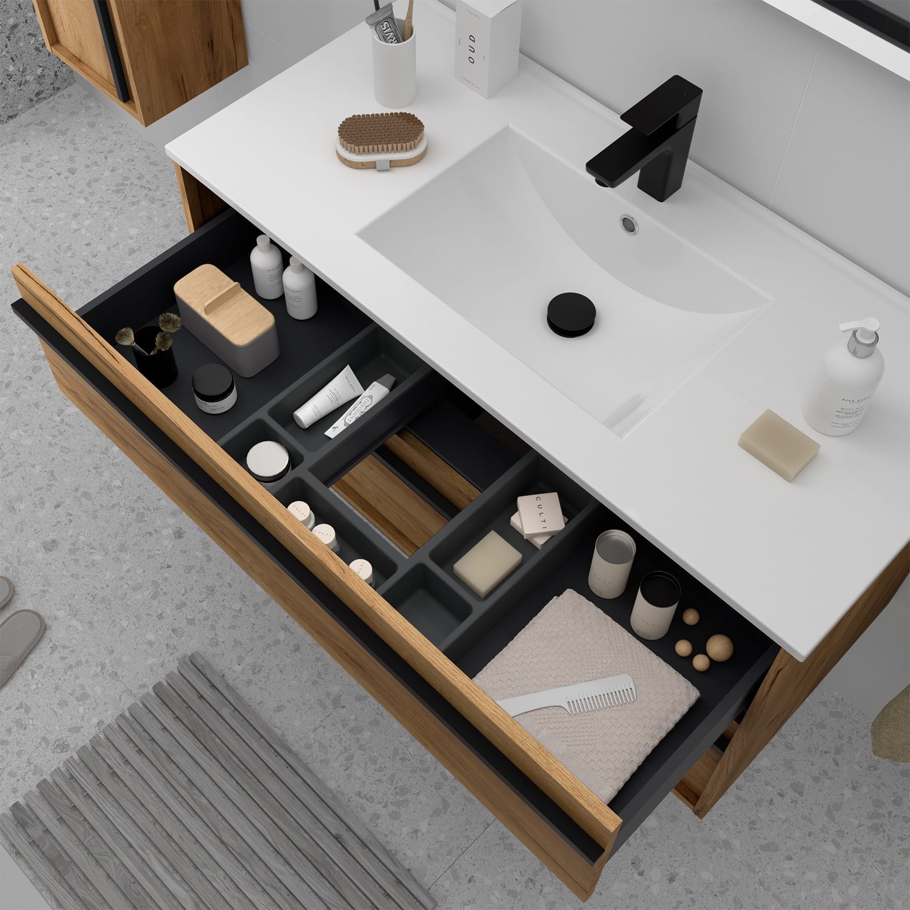 Mueble de baño suspendido Sella 2C detalle cajón roble africa