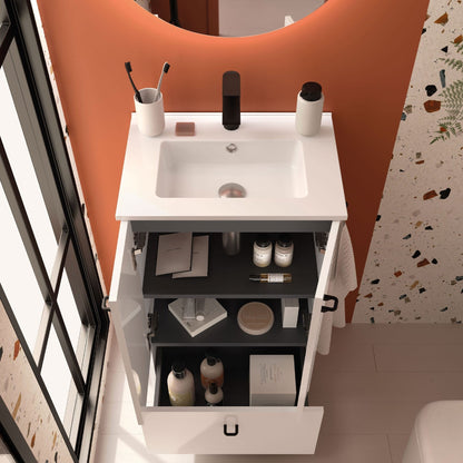 Mueble de baño con patas Jaramá detalle blanco brillo pata cromada