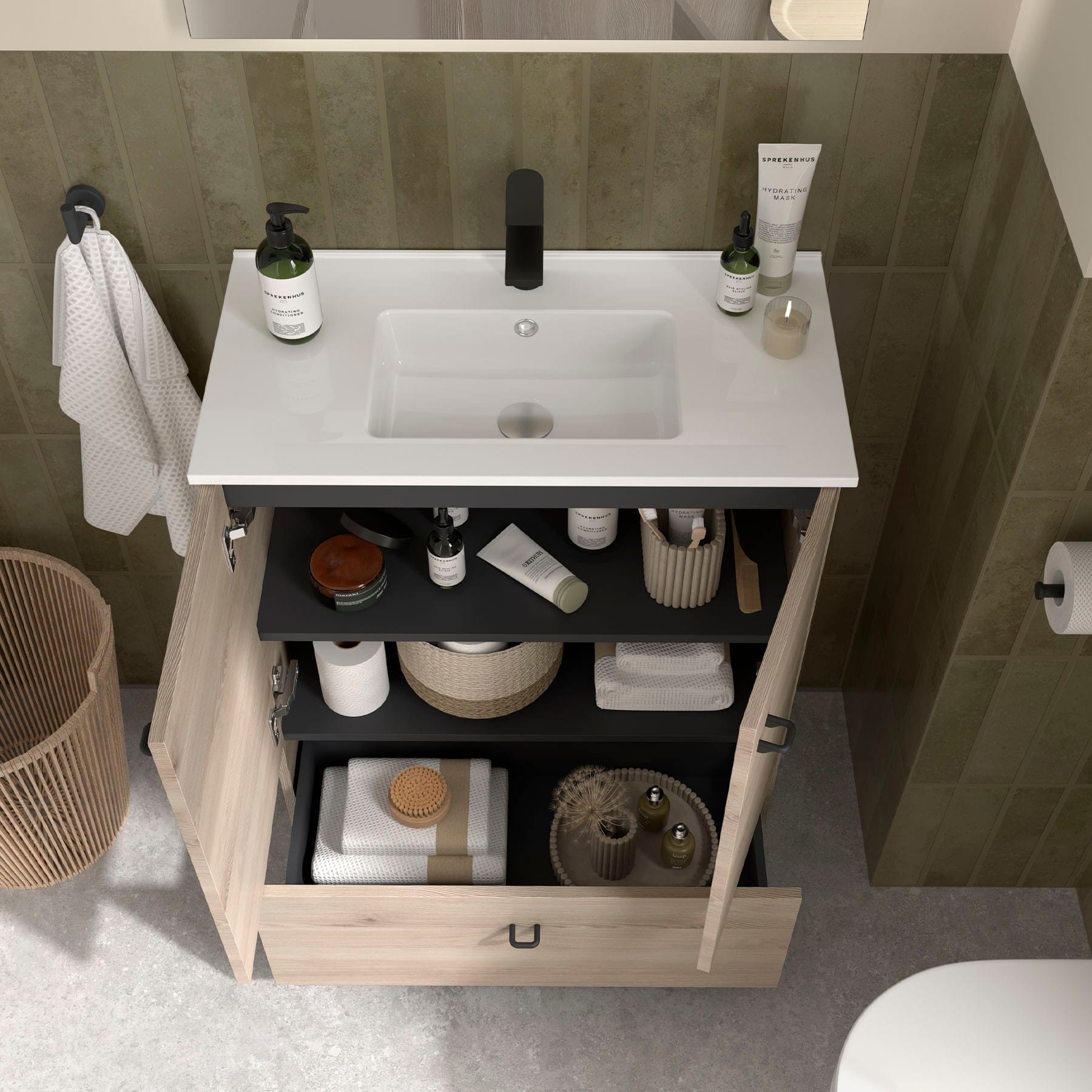 Mueble de baño con patas Jaramá natural detalle cajón interior