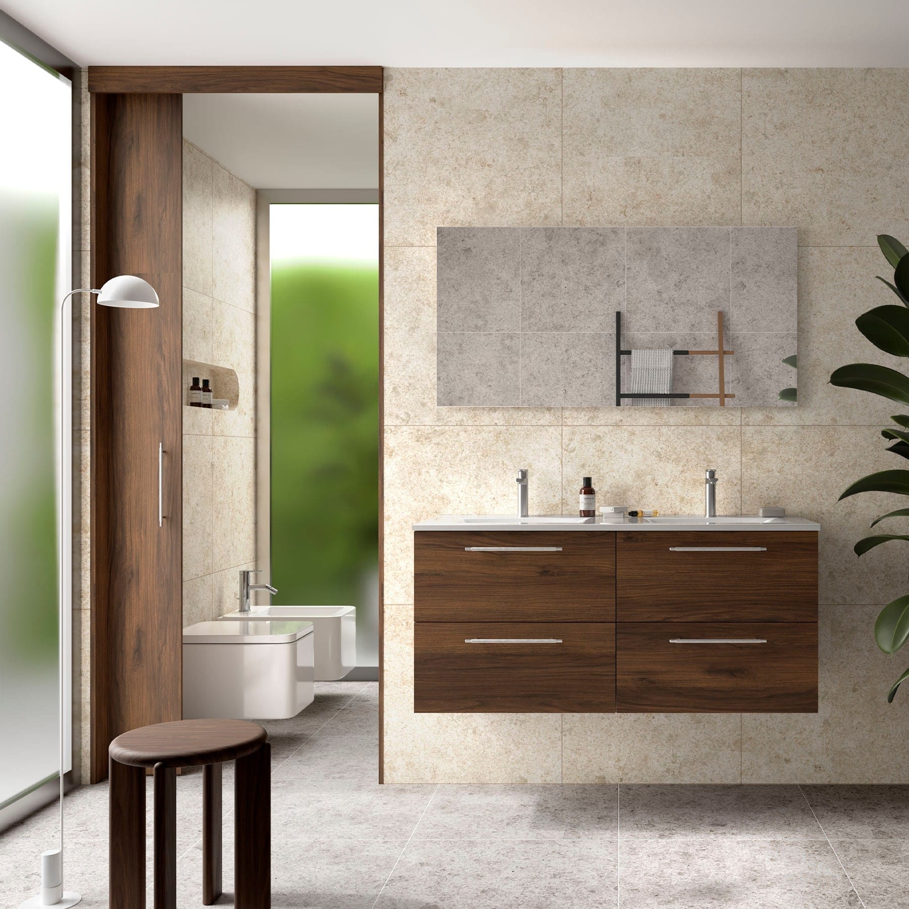 Mueble de baño suspendido Narcea 4C acabado nogal maya lavabo integrado