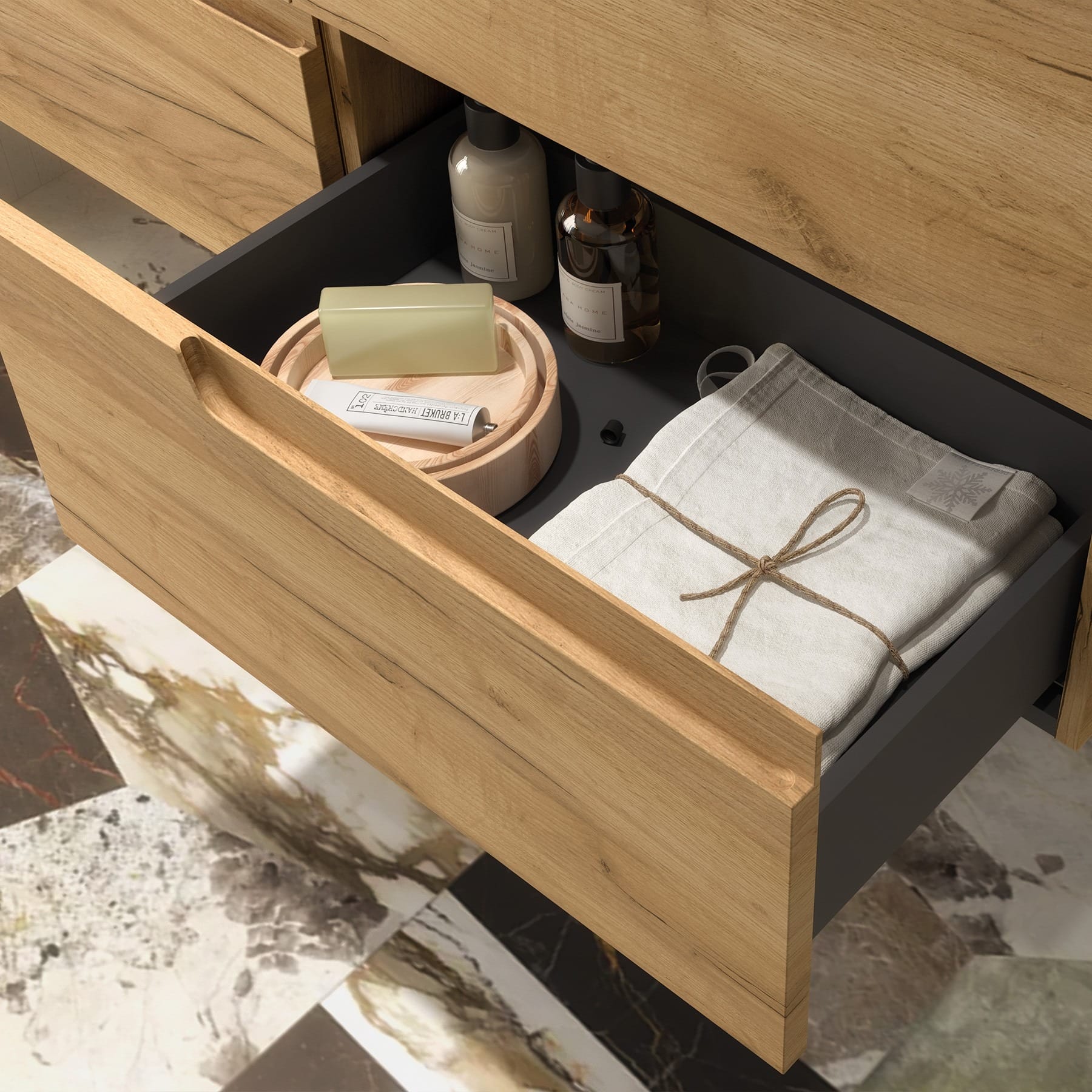 Mueble de baño Cambrón 4C detalle bisagra y acabado cajón