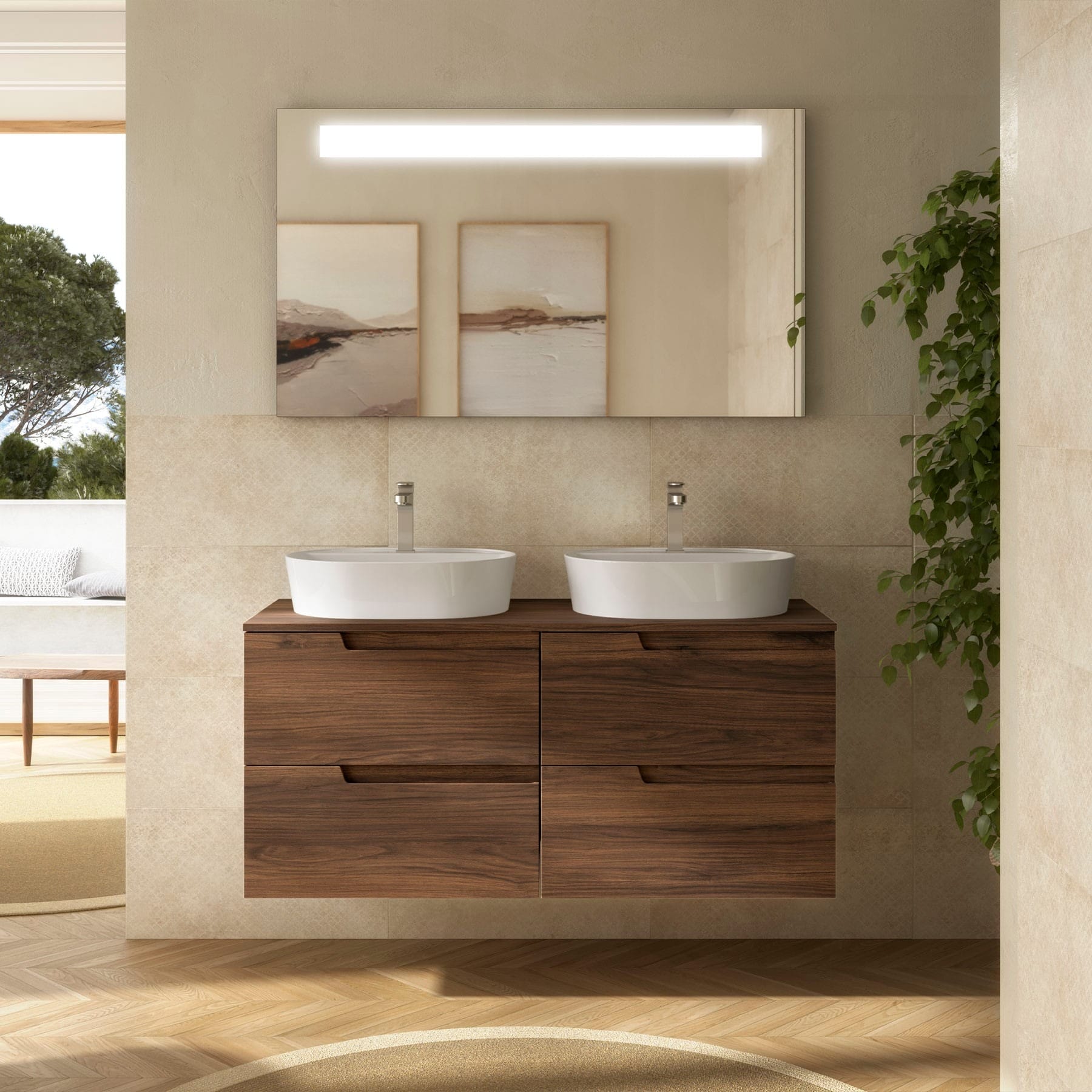 Mueble de baño Cambrón 4C acabado nogal maya lavabo encimera